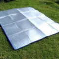 Outdoor camping waterproof picnic mat detail showing silver aluminum foil surface on green grass. - 2*1.5m Aluminum Film