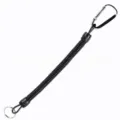Detail view of the black coiled fishing lanyard, featuring a metal carabiner and ring. - White
