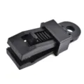 Black plastic tent clip detail view, durable tarp clamp for outdoor canopy and camping gear. - Black