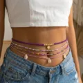 Handmade layered colorful seed bead waist chain with shell and gold coin charms - Four-Layer Elastic Seed Bead Shell Style (XK26Y0304)