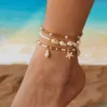 Boho-Set aus mehrlagigen Strand-Fußkettchen mit Muscheln und Seestern-Anhängern. - Bernstein Samenperle Seestern Stil (#5) / 3er Pack
