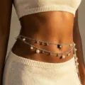 Detail of silver-toned double-layered waist chain with elegant white pearl charms - Silver Double Layer Pearl Style (BJ26Y0116)