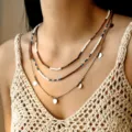 Multilayer rice bead necklace with round disc charms for women on summer model - Bead Necklace / Three-Piece Set