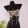 Detail of elegant pearl bikini body chain with gold metal tassels for beach - Gold Heart Chest Chain