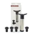 Vacuum wine saver set with stainless steel pump and four silicone stoppers for fresh wine. - 1 Pump and 4 Stoppers Set in English Color Box