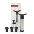 Manual wine vacuum pump set with three black rubber stoppers for preserving opened red wine fresh. - 1 Pump and 3 Stoppers Set in English Color Box