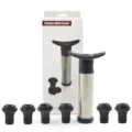Stainless steel wine vacuum saver pump set with multiple black rubber stoppers. - 1 Pump and 6 Stoppers Set in English Color Box