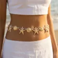 Gold starfish and shell pendant waist chain with white pearls for beach resort style - Bright Gold Starfish Scallop Artificial Pearl Style (BJ26Y0020)