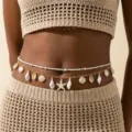 Summer beach resort style body chain with shell and starfish pendants in gold and white beads - Starfish Shell Double Layer Beaded Style (BJ26Y0055)