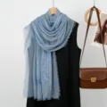 Detail view of the elegant blue textured lace-trimmed women's breathable scarf showing fine weave. - Grey Blue