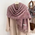 Cozy winter plaid tassel scarf for women, elegant warm knitted neck wrap for daily wear. - Purple