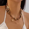 Leopard print silk scarf necklace featuring golden sun and palm tree charms for women - Leopard Vacation Style (NC25Y1033-1) / Leopard Print