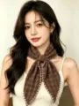 Brown plaid triangle scarf close-up detail, soft brushed neck warmer lace edge fashion accessory. - Brown