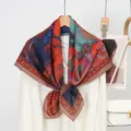 Vintage floral print square scarf elegant silk wool neckerchief women fashion accessory - 6