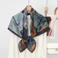 Elegant silk wool square scarf with double-sided artistic print, perfect for autumn and winter. - 7