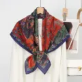 Exquisite silk wool square scarf featuring double-sided retro floral print and elegant navy border. - 9