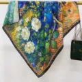Artistieke print vierkante zijden sjaal voor dames, elegante satijnen halsdoek 90x90cm. - 10