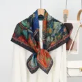 Artistic oil painting floral print silk wool square scarf detail display, elegant double-sided pattern. - 13