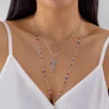 Bohemian style layered silver necklace featuring rhinestone cross pendants and colored stones - Three-Layer Silver Colorful Gemstone Cross Necklace (NC25Y1190)