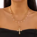 Elegant multi-layered gold chain necklace set with ornate cross pendant and pearls - Artificial Pearl Paperclip Chain Cross OT Buckle Style (NC25Y1220) / Gold
