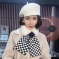 Cozy black and white plaid plush cross scarf and elegant white beret winter set for women. - Black And White Checkerboard