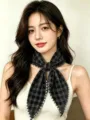 Detailed close-up of a stylish black and white plaid triangle scarf worn by model. - Black