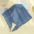 Close-up detail of the retro floral cotton-linen triangular scarf with white lettuce trim. - Light Blue Floral Triangle Scarf