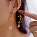 Detail shot of asymmetrical Halloween ghost and pumpkin pendant earrings on model. - Asymmetric Halloween Style (ER25Y0299-4) / Gold Orange Purple