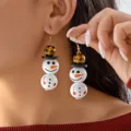 Boucles d'oreilles bonhomme de neige en perles de bois avec chapeau à carreaux pour les fêtes - Bonhomme Neige Nez Orange Jaune