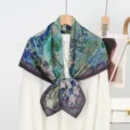 Elegant blue green artistic print silk square scarf for women versatile fashion accessory. - 11