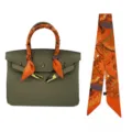 Silk twilly scarf for handbag decoration and hair band, elegant orange vintage printed ribbon. - Tarot Orange