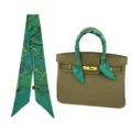 Green printed skinny silk scarf twilly for women, versatile bag ribbon and hair band accessory. - Tarot Green