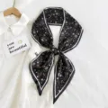 Floral print narrow silk scarf for women, elegant black long twilly ribbon for bags or neck styling. - Style 11