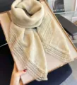 Beige scarf with delicate lace trim, elegant feminine shawl for summer and spring outdoor wear. - Beige