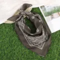 Detailopname van de donkerbruine vintage paisley motief bandana sjaal op gras achtergrond. - Bruin Paisley