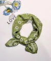 Green cotton linen small square scarf with white daisy floral print, versatile summer neck scarf. - 7 Light Green Sunflower