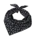 Detailed close-up of the black cotton linen square scarf featuring white leaf and floral print. - 24 Black Leaves