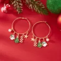 Christmas hoop earrings with snowman, tree, and candy cane charms on red background - 大圈挂雪人圣诞树五件坠款