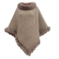 Elegant brown waffle-knit autumn poncho with plush faux fur collar and trim. - 80cm / Tops / Khaki
