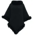 Black knitted pullover poncho with plush faux fur collar and irregular hem detail - 80cm / Tops / Black