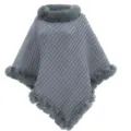 Detailed view of grey knitted poncho with soft faux fur collar and elegant waffle texture - 80cm / Tops / Gray