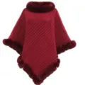 Wine red knitted pullover poncho with fluffy faux fur collar and irregular hem details - 80cm / Tops / Burgundy
