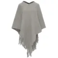 Detailed macro view of a grey knitted women's poncho featuring elegant long fringe hem - Tops / 85*80CM / Gray
