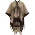 Close-up of a warm knitted houndstooth poncho featuring elegant fringe tassels for winter. - 110*150cm / Coffee