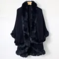 Elegant navy blue knit poncho with faux fur collar and trim for winter - Tops / Navy Blue