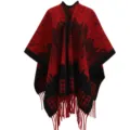 Detailed view of red and black houndstooth knit poncho with fringe tassels. - 110*150cm / Red