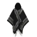 Elegante zwarte gebreide poncho met capuchon, grijze hartpatronen en franjedetails - Tops / 130*150CM / Zwart