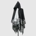 Elegant black and white hooded knitted shawl with intricate paisley patterns for winter - Poncho Style (831088) / 135*150CM / Black