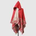 Warm red knitted hooded poncho shawl featuring elegant beige paisley patterns for winter. - Poncho Style (831088) / 135*150CM / Red