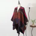 Bohemian stijl geometrisch gebreide wintersjaal poncho voor dames met warme patronen - Sjaal met split - Eindeloze bergen - Roze & koffie